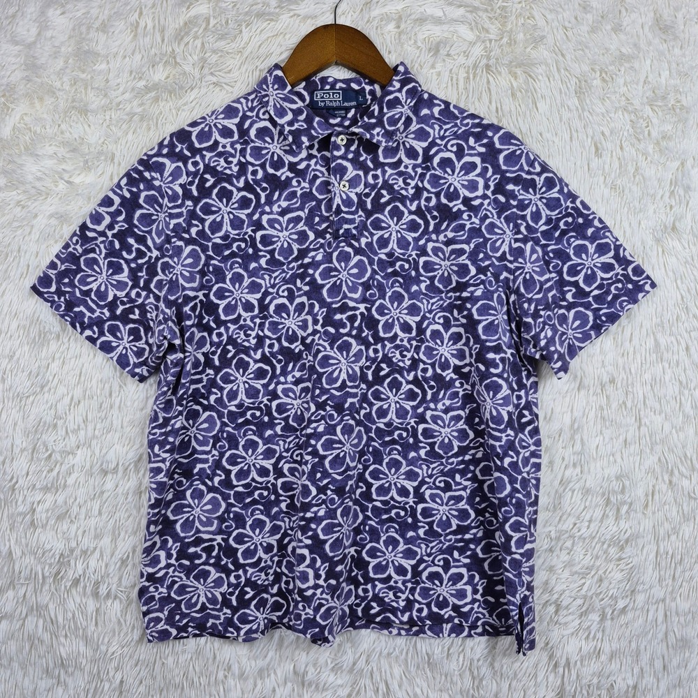 Polo Ralph Lauren Purple Floral Hibiscus Hawaiian Batik Polo Shirt Mens Large L